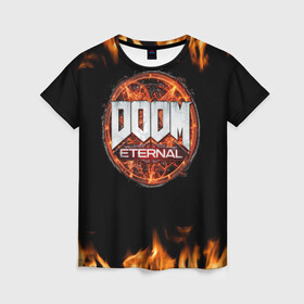 Женская футболка 3D с принтом DOOM Eternal в Белгороде, 100% полиэфир ( синтетическое хлопкоподобное полотно) | прямой крой, круглый вырез горловины, длина до линии бедер | doom eternal | дум | игра | компьютерная | логотип | надпись | огненный | огонь | подарок | пожар | символ | фанату | черный