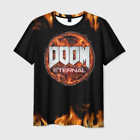 Мужская футболка 3D с принтом DOOM Eternal в Белгороде, 100% полиэфир | прямой крой, круглый вырез горловины, длина до линии бедер | doom eternal | дум | игра | компьютерная | логотип | надпись | огненный | огонь | подарок | пожар | символ | фанату | черный