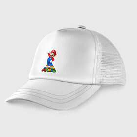 Детская кепка тракер с принтом Super Mario в Белгороде, Козырек - 100% хлопок. Кепка - 100% полиэстер, Задняя часть - сетка | универсальный размер, пластиковая застёжка | видеоигра | игра | марио | персонаж