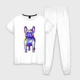 Женская пижама хлопок с принтом Французский бульдог акварель в Белгороде, 100% хлопок | брюки и футболка прямого кроя, без карманов, на брюках мягкая резинка на поясе и по низу штанин | Тематика изображения на принте: art | bulldog | colorful | dog | france | french | illustration | watercolor | акварельный | акварелью | арт | брызги | бульдожик | бульдожка | иллюстрация | краски | пес | песик | порода | разводы | разноцветный | рисунок | собака