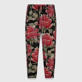 Мужские брюки 3D с принтом Красные розы на черном фоне в Белгороде, 100% полиэстер | манжеты по низу, эластичный пояс регулируется шнурком, по бокам два кармана без застежек, внутренняя часть кармана из мелкой сетки | Тематика изображения на принте: 8 марта | flowers | summer | ботаническая иллюстрация | весна | зеленый | красный | лето | любовь | праздник | принт | природа | растения | розы | цветы | черный