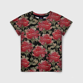 Детская футболка 3D с принтом Красные розы на черном фоне в Белгороде, 100% гипоаллергенный полиэфир | прямой крой, круглый вырез горловины, длина до линии бедер, чуть спущенное плечо, ткань немного тянется | 8 марта | flowers | summer | ботаническая иллюстрация | весна | зеленый | красный | лето | любовь | праздник | принт | природа | растения | розы | цветы | черный