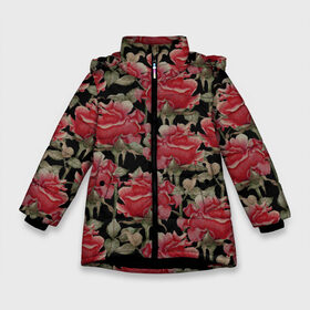 Зимняя куртка для девочек 3D с принтом Красные розы на черном фоне в Белгороде, ткань верха — 100% полиэстер; подклад — 100% полиэстер, утеплитель — 100% полиэстер. | длина ниже бедра, удлиненная спинка, воротник стойка и отстегивающийся капюшон. Есть боковые карманы с листочкой на кнопках, утяжки по низу изделия и внутренний карман на молнии. 

Предусмотрены светоотражающий принт на спинке, радужный светоотражающий элемент на пуллере молнии и на резинке для утяжки. | 8 марта | flowers | summer | ботаническая иллюстрация | весна | зеленый | красный | лето | любовь | праздник | принт | природа | растения | розы | цветы | черный