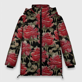 Женская зимняя куртка 3D с принтом Красные розы на черном фоне в Белгороде, верх — 100% полиэстер; подкладка — 100% полиэстер; утеплитель — 100% полиэстер | длина ниже бедра, силуэт Оверсайз. Есть воротник-стойка, отстегивающийся капюшон и ветрозащитная планка. 

Боковые карманы с листочкой на кнопках и внутренний карман на молнии | 8 марта | flowers | summer | ботаническая иллюстрация | весна | зеленый | красный | лето | любовь | праздник | принт | природа | растения | розы | цветы | черный