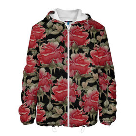 Мужская куртка 3D с принтом Красные розы на черном фоне в Белгороде, ткань верха — 100% полиэстер, подклад — флис | прямой крой, подол и капюшон оформлены резинкой с фиксаторами, два кармана без застежек по бокам, один большой потайной карман на груди. Карман на груди застегивается на липучку | 8 марта | flowers | summer | ботаническая иллюстрация | весна | зеленый | красный | лето | любовь | праздник | принт | природа | растения | розы | цветы | черный