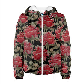 Женская куртка 3D с принтом Красные розы на черном фоне в Белгороде, ткань верха — 100% полиэстер, подклад — флис | прямой крой, подол и капюшон оформлены резинкой с фиксаторами, два кармана без застежек по бокам, один большой потайной карман на груди. Карман на груди застегивается на липучку | 8 марта | flowers | summer | ботаническая иллюстрация | весна | зеленый | красный | лето | любовь | праздник | принт | природа | растения | розы | цветы | черный