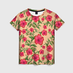 Женская футболка 3D с принтом Гибискусы на бежевом фоне в Белгороде, 100% полиэфир ( синтетическое хлопкоподобное полотно) | прямой крой, круглый вырез горловины, длина до линии бедер | 8 марта | flowers | summer | бежевый | ботаническая иллюстрация | весна | гибискус | зеленый | красный | лето | любовь | праздник | принт | природа | растения | цветы
