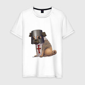 Мужская футболка хлопок с принтом Сэр мопс в Белгороде, 100% хлопок | прямой крой, круглый вырез горловины, длина до линии бедер, слегка спущенное плечо. | Тематика изображения на принте: крестоносец | мопс | пёс | собака | тамплиер