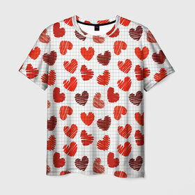 Мужская футболка 3D с принтом Сердца в Белгороде, 100% полиэфир | прямой крой, круглый вырез горловины, длина до линии бедер | день влюбленных | любовь | сердца | сердца в тетради | текстура | тетрадная клетка