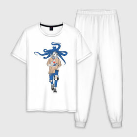 Мужская пижама хлопок с принтом Владыка моря в Белгороде, 100% хлопок | брюки и футболка прямого кроя, без карманов, на брюках мягкая резинка на поясе и по низу штанин
 | волна | восток | мода | морской | осьминог | синий | япония