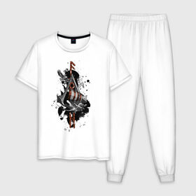 Мужская пижама хлопок с принтом Assassins Creed Valhalla Тату в Белгороде, 100% хлопок | брюки и футболка прямого кроя, без карманов, на брюках мягкая резинка на поясе и по низу штанин
 | викинги | графика | драккар | корабль | орел | руны | тату | черный