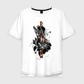 Мужская футболка хлопок Oversize с принтом Assassins Creed Valhalla Тату в Белгороде, 100% хлопок | свободный крой, круглый ворот, “спинка” длиннее передней части | викинги | графика | драккар | корабль | орел | руны | тату | черный