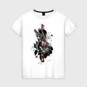 Женская футболка хлопок с принтом Assassins Creed Valhalla Тату в Белгороде, 100% хлопок | прямой крой, круглый вырез горловины, длина до линии бедер, слегка спущенное плечо | викинги | графика | драккар | корабль | орел | руны | тату | черный