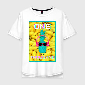 Мужская футболка хлопок Oversize с принтом Крутой ананас в Белгороде, 100% хлопок | свободный крой, круглый ворот, “спинка” длиннее передней части | ананас | бананы | бирюзовый | единственный | желтый | надпись | наушники | один | один на тысячу | одна на тысячу | очки | розовый | самовыражение | хлопок