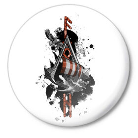 Значок с принтом Assassins Creed Valhalla Тату в Белгороде,  металл | круглая форма, металлическая застежка в виде булавки | ассасинс крид | викинги | графика | драккар | корабль | орел | руны | тату