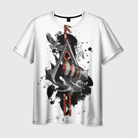 Мужская футболка 3D с принтом Assassins Creed Valhalla Тату в Белгороде, 100% полиэфир | прямой крой, круглый вырез горловины, длина до линии бедер | ассасинс крид | викинги | графика | драккар | корабль | орел | руны | тату