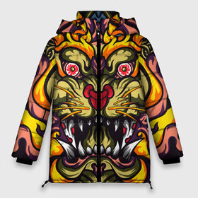 Женская зимняя куртка 3D с принтом Абстракция тигр в Белгороде, верх — 100% полиэстер; подкладка — 100% полиэстер; утеплитель — 100% полиэстер | длина ниже бедра, силуэт Оверсайз. Есть воротник-стойка, отстегивающийся капюшон и ветрозащитная планка. 

Боковые карманы с листочкой на кнопках и внутренний карман на молнии | абстракция | арт | глаза | голова | животные | клыки | монстр | огонь | орнамент | рисунок | тигр