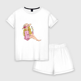 Женская пижама с шортиками хлопок с принтом Варвара в Белгороде, 100% хлопок | футболка прямого кроя, шорты свободные с широкой мягкой резинкой | в шляпке | девушка | еда | кокетка | коктейль