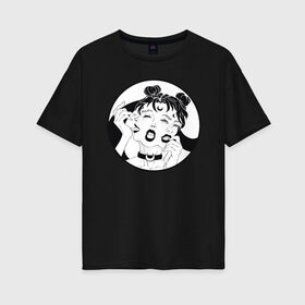 Женская футболка хлопок Oversize с принтом Dark moon в Белгороде, 100% хлопок | свободный крой, круглый ворот, спущенный рукав, длина до линии бедер
 | sailor moon | аниме | девушка | демон | клыки | луна | сейлор мун | суккуб | черно белый