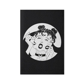 Обложка для паспорта матовая кожа с принтом Dark moon в Белгороде, натуральная матовая кожа | размер 19,3 х 13,7 см; прозрачные пластиковые крепления | Тематика изображения на принте: sailor moon | аниме | девушка | демон | клыки | луна | сейлор мун | суккуб | черно белый