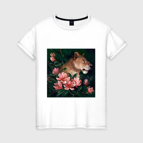 Женская футболка хлопок с принтом Львица в Белгороде, 100% хлопок | прямой крой, круглый вырез горловины, длина до линии бедер, слегка спущенное плечо | животное | кошка | лев | львица | природа | растения | хищник | цветы