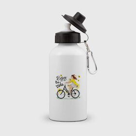 Бутылка спортивная с принтом Велосипедистка в Белгороде, металл | емкость — 500 мл, в комплекте две пластиковые крышки и карабин для крепления | велосипед | девушка | желтый | лето | подсолнухи | спорт