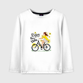 Детский лонгслив хлопок с принтом Велосипедистка в Белгороде, 100% хлопок | круглый вырез горловины, полуприлегающий силуэт, длина до линии бедер | велосипед | девушка | желтый | лето | подсолнухи | спорт