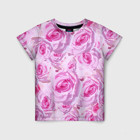 Детская футболка 3D с принтом Roses в Белгороде, 100% гипоаллергенный полиэфир | прямой крой, круглый вырез горловины, длина до линии бедер, чуть спущенное плечо, ткань немного тянется | дизайн с розами | женственность | нежность | роза | розовый принт | розовый фон | розы | цветы