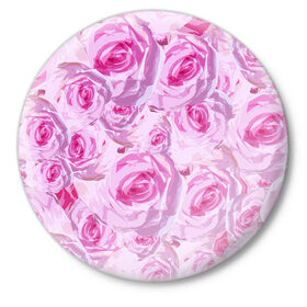 Значок с принтом Roses в Белгороде,  металл | круглая форма, металлическая застежка в виде булавки | дизайн с розами | женственность | нежность | роза | розовый принт | розовый фон | розы | цветы