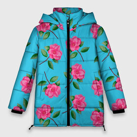 Женская зимняя куртка 3D с принтом Камелии на голубом фоне в Белгороде, верх — 100% полиэстер; подкладка — 100% полиэстер; утеплитель — 100% полиэстер | длина ниже бедра, силуэт Оверсайз. Есть воротник-стойка, отстегивающийся капюшон и ветрозащитная планка. 

Боковые карманы с листочкой на кнопках и внутренний карман на молнии | 8 марта | flowers | summer | ботаническая иллюстрация | весна | зеленый | камелии | лето | любовь | праздник | принт | природа | растения | розовый | цветы