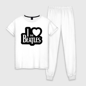 Женская пижама хлопок с принтом I love Beatles - Я люблю Битлз в Белгороде, 100% хлопок | брюки и футболка прямого кроя, без карманов, на брюках мягкая резинка на поясе и по низу штанин | beatles | lennon | music | rock | the | битлз | битломан | битлы | всемирный день | группа | известный | леннон | ливерпуль | любитель | люблю | любовь | маккартни | музыка | музыкант | нравится | популярный | ринго