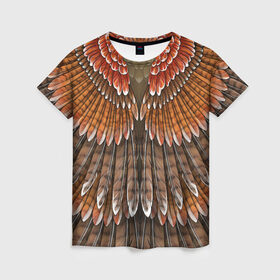 Женская футболка 3D с принтом оперение орел в Белгороде, 100% полиэфир ( синтетическое хлопкоподобное полотно) | прямой крой, круглый вырез горловины, длина до линии бедер | друид | индеец | коричневый | красный | оперение | оранжевый | орёл | пернатый | перо | перья | природа | птица | сова | сон