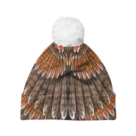 Шапка 3D c помпоном с принтом оперение орел в Белгороде, 100% полиэстер | универсальный размер, печать по всей поверхности изделия | друид | индеец | коричневый | красный | оперение | оранжевый | орёл | пернатый | перо | перья | природа | птица | сова | сон