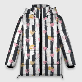 Женская зимняя куртка 3D с принтом Влюбленные сердца с полосками в Белгороде, верх — 100% полиэстер; подкладка — 100% полиэстер; утеплитель — 100% полиэстер | длина ниже бедра, силуэт Оверсайз. Есть воротник-стойка, отстегивающийся капюшон и ветрозащитная планка. 

Боковые карманы с листочкой на кнопках и внутренний карман на молнии | 14 февраля | heart | hearts | love | pattern | pink | stripe | stripes | valentine | valentines | арт | валентинка | валентинов день | день влюбленных | лав | лав ю | любовь | паттерн | роба | розовое | святой валентин | сердечки | сердце 