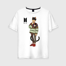 Женская футболка хлопок Oversize с принтом BTS Cat в Белгороде, 100% хлопок | свободный крой, круглый ворот, спущенный рукав, длина до линии бедер
 | bts | k pop | kpop | rm | аниме | бтс | ви | джей хоуп | джонгук | кпоп | сюга | чимин | чин | япония