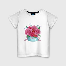 Детская футболка хлопок с принтом Букет Роз в Белгороде, 100% хлопок | круглый вырез горловины, полуприлегающий силуэт, длина до линии бедер | красный | розы | тюльпаны | цветы