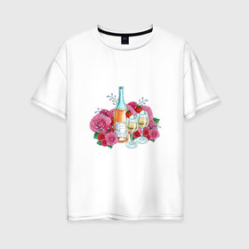 Женская футболка хлопок Oversize с принтом Романтический пикник в Белгороде, 100% хлопок | свободный крой, круглый ворот, спущенный рукав, длина до линии бедер
 | винишко | еда | красный | розы | романтика | тюльпаны | цветы
