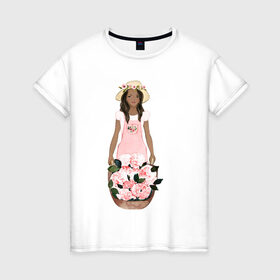 Женская футболка хлопок с принтом Девушка с корзиной тюльпанов в Белгороде, 100% хлопок | прямой крой, круглый вырез горловины, длина до линии бедер, слегка спущенное плечо | 8 марта | dreams | всемирный женский день | цветы