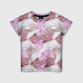 Детская футболка 3D с принтом Зефир белый и розовый в Белгороде, 100% гипоаллергенный полиэфир | прямой крой, круглый вырез горловины, длина до линии бедер, чуть спущенное плечо, ткань немного тянется | валентинов день | влюбленные | зефир | любовь | пирожное | романтика | сладости