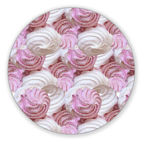Коврик для мышки круглый с принтом Зефир белый и розовый в Белгороде, резина и полиэстер | круглая форма, изображение наносится на всю лицевую часть | валентинов день | влюбленные | зефир | любовь | пирожное | романтика | сладости