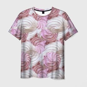 Мужская футболка 3D с принтом Зефир белый и розовый в Белгороде, 100% полиэфир | прямой крой, круглый вырез горловины, длина до линии бедер | валентинов день | влюбленные | зефир | любовь | пирожное | романтика | сладости