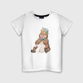 Детская футболка хлопок с принтом Медведица в Белгороде, 100% хлопок | круглый вырез горловины, полуприлегающий силуэт, длина до линии бедер | мама | медвежонок | цветы