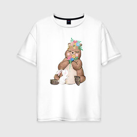 Женская футболка хлопок Oversize с принтом Медведица в Белгороде, 100% хлопок | свободный крой, круглый ворот, спущенный рукав, длина до линии бедер
 | мама | медвежонок | цветы