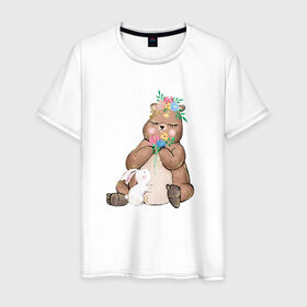 Мужская футболка хлопок с принтом Медведица в Белгороде, 100% хлопок | прямой крой, круглый вырез горловины, длина до линии бедер, слегка спущенное плечо. | мама | медвежонок | цветы