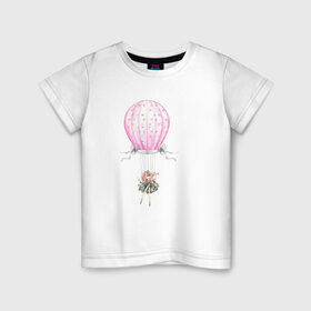 Детская футболка хлопок с принтом Девочка на воздушном шаре в Белгороде, 100% хлопок | круглый вырез горловины, полуприлегающий силуэт, длина до линии бедер | Тематика изображения на принте: 8 марта | dreams | всемирный женский день | цветы
