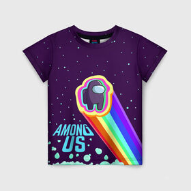 Детская футболка 3D с принтом AMONG US neon rainbow в Белгороде, 100% гипоаллергенный полиэфир | прямой крой, круглый вырез горловины, длина до линии бедер, чуть спущенное плечо, ткань немного тянется | детский | космос | неоновый | радуга | стильная | тренд | яркий