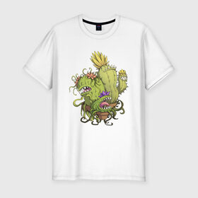 Мужская футболка хлопок Slim с принтом Кактусы в Белгороде, 92% хлопок, 8% лайкра | приталенный силуэт, круглый вырез ворота, длина до линии бедра, короткий рукав | cactus | зубы | кактус | растения