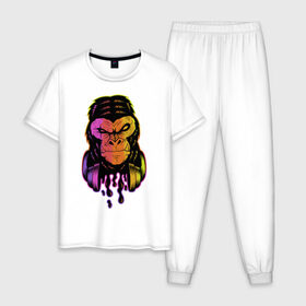 Мужская пижама хлопок с принтом Горилла с наушниками в Белгороде, 100% хлопок | брюки и футболка прямого кроя, без карманов, на брюках мягкая резинка на поясе и по низу штанин
 | горилла | градиент | животные | злой | музыка | наушники | обезьяна | хипстер
