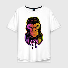 Мужская футболка хлопок Oversize с принтом Горилла с наушниками в Белгороде, 100% хлопок | свободный крой, круглый ворот, “спинка” длиннее передней части | горилла | градиент | животные | злой | музыка | наушники | обезьяна | хипстер