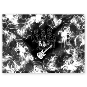 Поздравительная открытка с принтом The Beatles в Белгороде, 100% бумага | плотность бумаги 280 г/м2, матовая, на обратной стороне линовка и место для марки
 | beatles | music | retro | rock | битлз | гитара | джон леннон | джордж харрисон | дым | логотипы групп | музыка | песни | пол маккартини | ретро | ринго старр | рок группа | рокерские | старый рок | черно белый